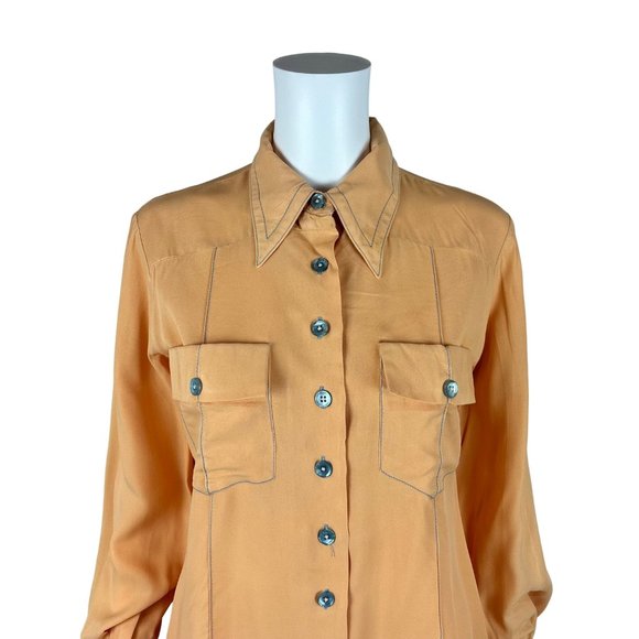 Vintage 60s Peach Blouse Women's Medium Gray Dagger Collar Long Sleeve Button Do - Picture 3 of 12